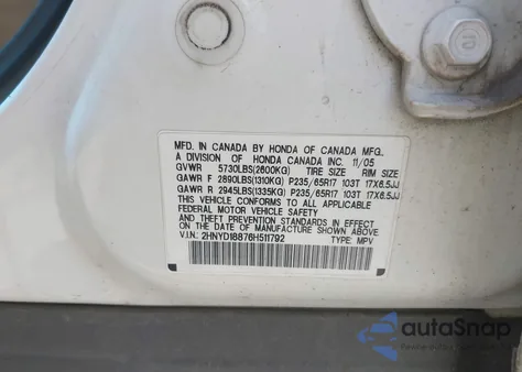 2006 Acura Mdx из США, поврежденный, VIN 2HNYD18876H511792